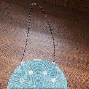 Woven Round Crossbody Bag - Light Teal with Silver Accents